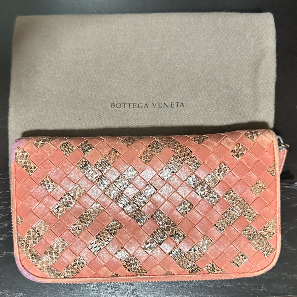 Bottega Veneta Intrecciato Snake Skin Zip Around Wallet - EUC